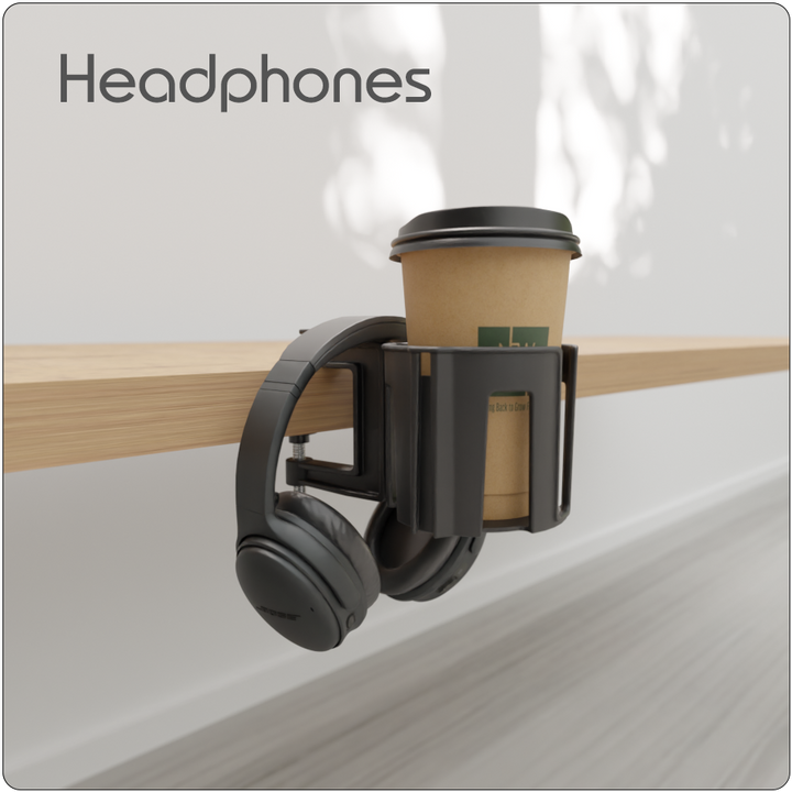 Cup-Holster holding a coffee cup with headphones hanging neatly from the side, mounted on the edge of a desk.